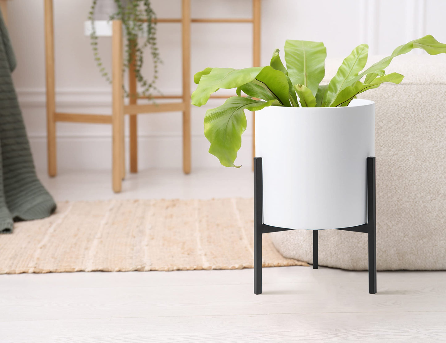 D'vine Dev Mid Century Fiberglass Resin Planter Pot with Iron Stand, 8 inch, Matte White, 96-A-1-S