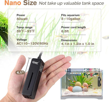hygger Mini Fish Tank Submersible Heater 50W for 5-10 Gallons Small Betta Aquarium Heater with Digital Display Controller Adjustable Temperature