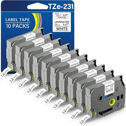 TZE-231 Label Maker Tape 12mm 0.47 Laminated Black on White 1/2" x 8m Replacement for Ptouch TZ TZE TZE231 Label Tape Cassette for PT-D220 PTD220 D220 PT-D210 PTD210 PT-H110 PT-D200 PT-D410 (10 Pack)