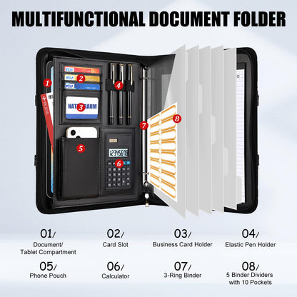 NATISERAUM Portfolio Binder 3 Ring Includes Pen and 5 Dividers with 10 Pockets, Padfolio Organizer with Magnetic Handle for Men and Women, Includes A4 Notepad for Business, School, Work