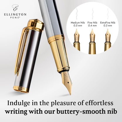 Luxury Fountain Pen Set- Fountain Pens for Writing - Smooth Fine Nib - Includes Refillable Ink Converter, 3 Ink Cartridges [Black & Blue], Gift Box - Elegant Calligraphy