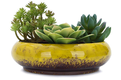 VanEnjoy 7.3 inch Round Large Shallow Succulent Ceramic Glazed Planter Pots with Drainage Hole, Bonsai Pots Garden Decorative Cactus Stand Flower Container (Yellow)