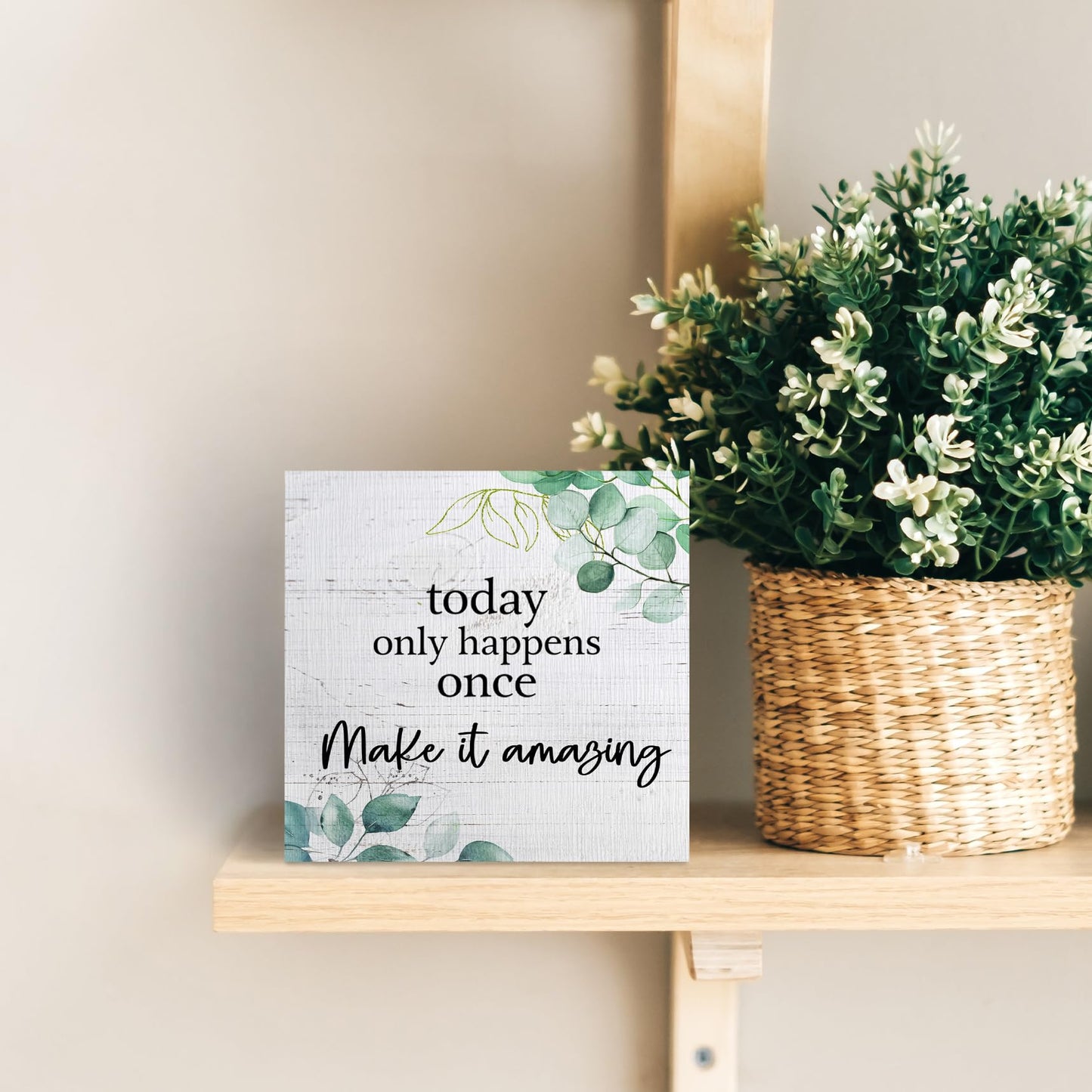 ANIANG Inspirational Wooden Box Sign, Motivational Desk Decor, Rustic Modern Farmhouse Decor, Today Only Happens Once Make It Amazing Wood Block Box Sign Plaque for Office Home Shelf