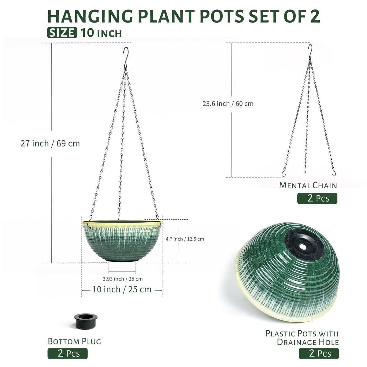 LESOASIS 10inch Hanging Planter, 2 Pack Hanging Planters for Indoor and Outdoor Plants, Glazed Hanging Plant Holder with Drainage, Indoor Hanging Flower Pots for Garden Home (Green Glaze)