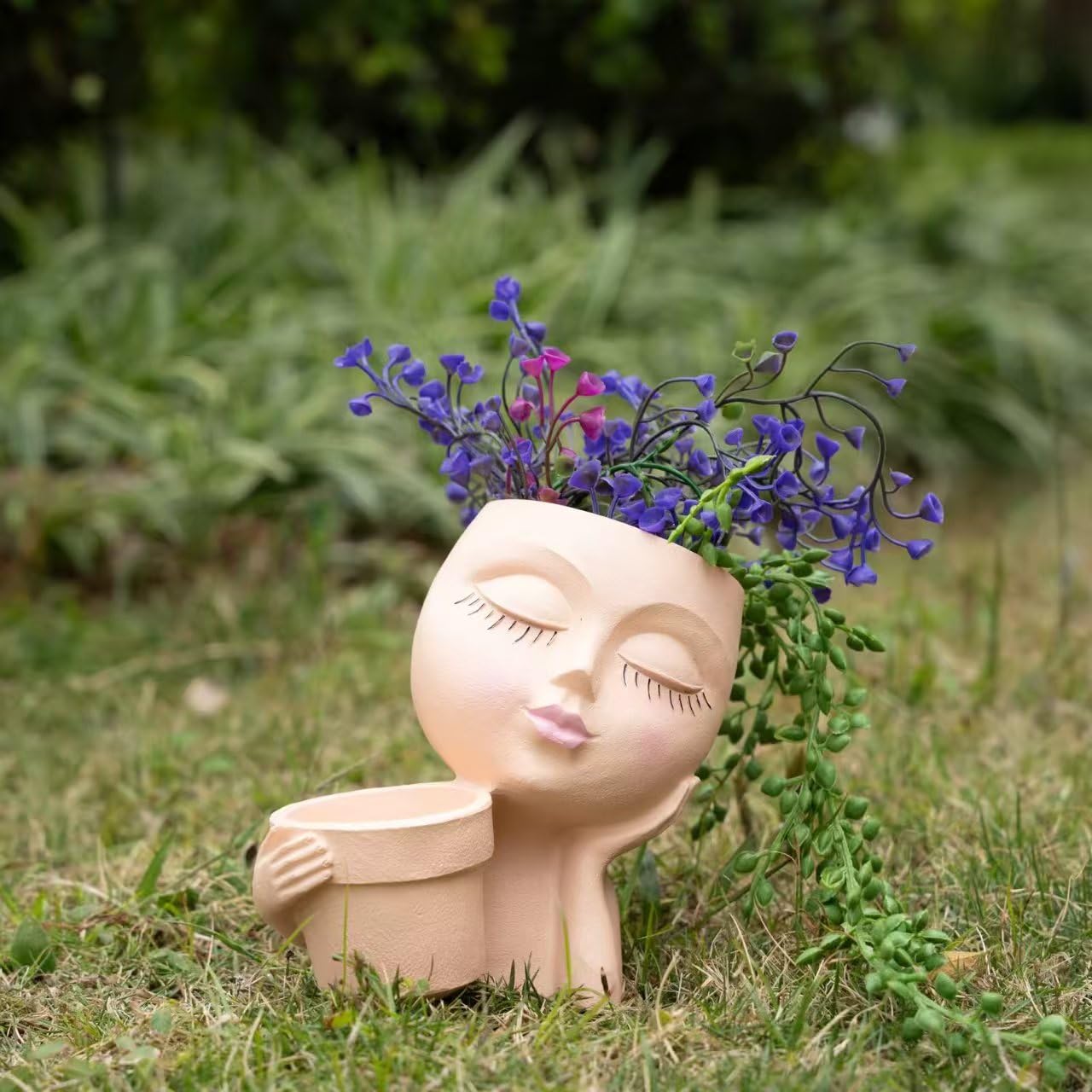 LaulaEnderay Face Plant Pots for Indoor Outdoor Plants, Resin Head Planter with Drainage Hole, Unique Cute Lady Face Plant Pots, Home Garden Decoration Succulents Cactus Planters Skin