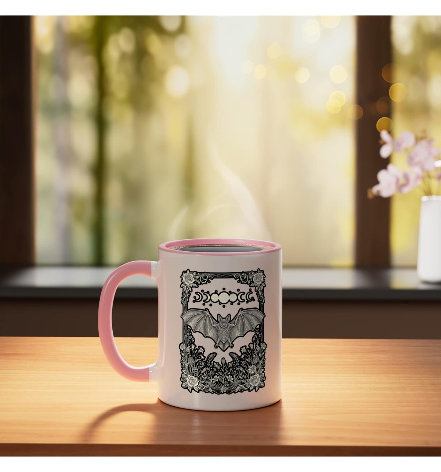 Halloween Bat Moon Phases Vintage Engraving Gothic FloralArt Ceramic Mug, Pink/White