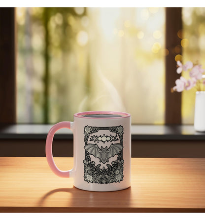 Halloween Bat Moon Phases Vintage Engraving Gothic FloralArt Ceramic Mug, Pink/White