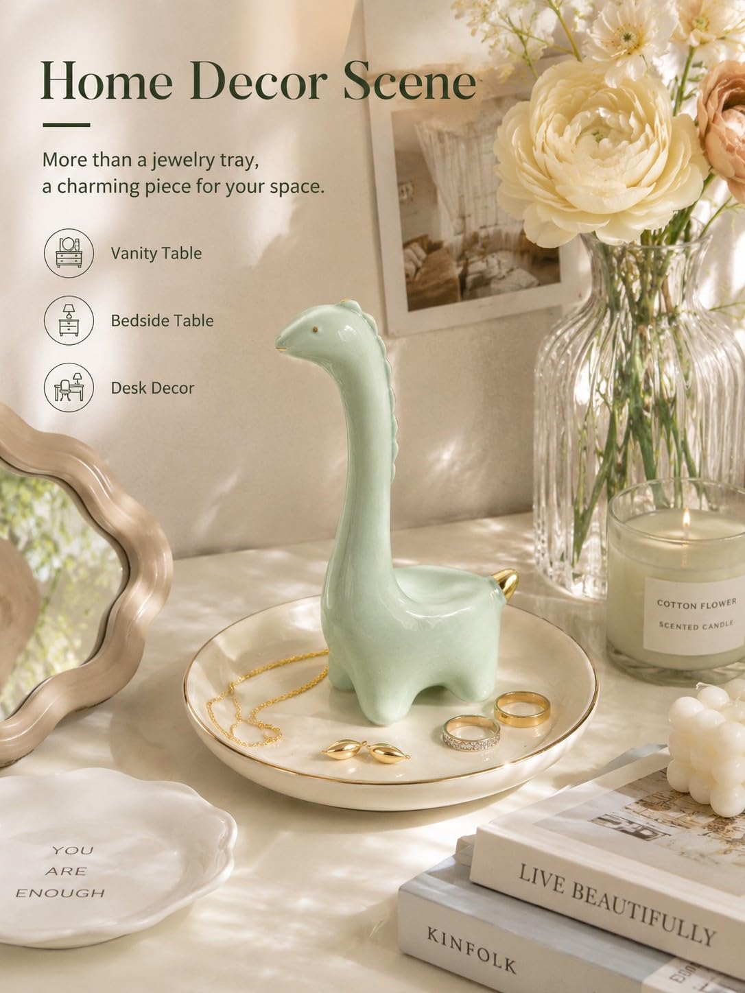 bwszrosa Ring Holder Dinosaur Jewelry Dish, Ceramic Dino Trinket Tray for Rings Earrings Necklace Bracelet, Animal Organizer for Vanity Nightstand Bathroom