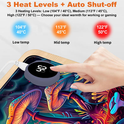 Heated Mouse Pad for Desk 31.5" x 13" – PU Leather Warm Desk Pad with 3 Heat Levels (104°F/113°F/122°F), Plug-in Electric Heating Mat with Auto Shut-Off, Waterproof & Rollable, Mushrooms