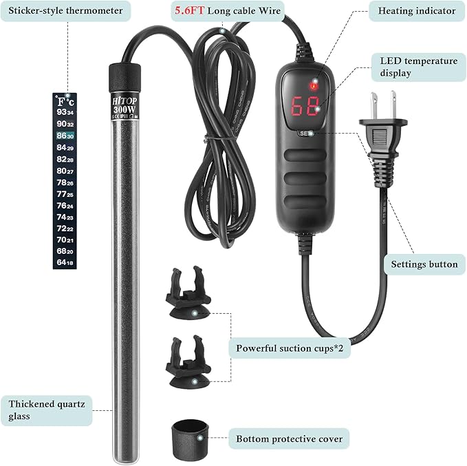 HITOP Compact Submersible Aquarium Heater -300W Digital Heater for Fish Tank/Turtle Tank, for Saltwater and Fresh Water with Temperature Controller