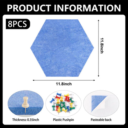 8 Packs Sky Blue Hexagon Felt Pin Board, 12" Bulletin Board with 30 Push Pins, Felt Board for Home Kitchen Office Decor, Self-Adhesive Corkboard Tiles for Walls Message Photos Memos Display