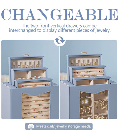 Homde Jewelry Organizer with Transparent Window Necklace Hooks Gift for Women Jewelry Box Display Case for Necklaces Rings Earrings Bracelets and Other Accessories (Grey Blue)