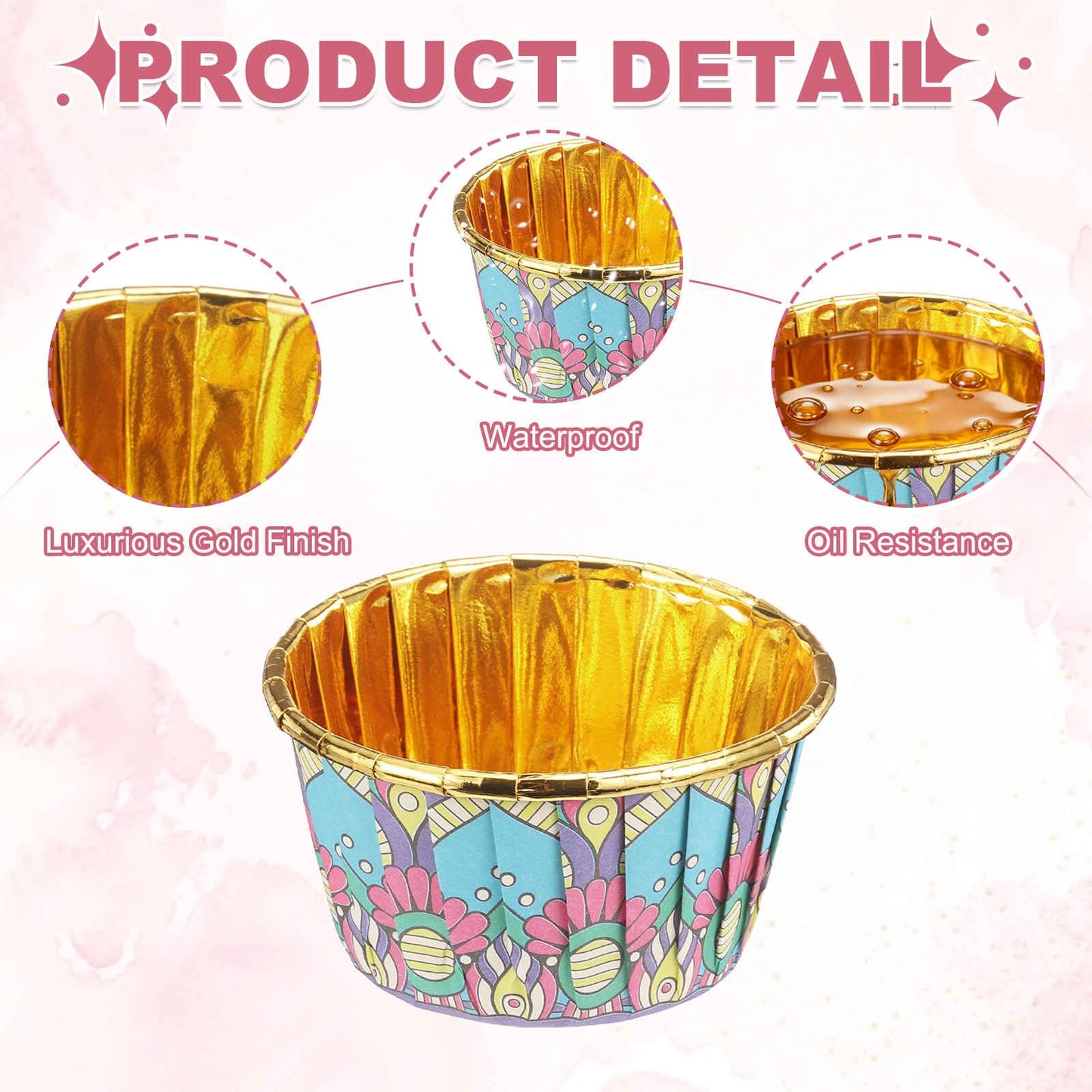 HARFINGTON 50 Pcs Cupcake Baking Liners 3.5 oz Foil Cupcake Liners Gold Little Baking Cups Bohemian Style for Birthday Party Wedding Festival, Blue/Pink