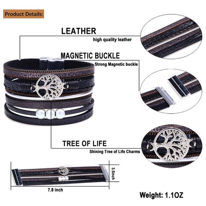 Desimtion Black Wrap Leather Bracelets for Women Boho Layered Stacking Wide Buckle Family Tree of Life Bracelets for Women Mom Teen Girls Grandma