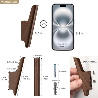 FCOWK Wood Wall Hooks 4 Pack Coat Hooks Wall Mount Walnut Wooden Hooks for Hanging Hat, Bag, Backpack, Rustic Coat Hooks for Wall, Wood Towel Hooks for Bathrooms and Entryway Hooks (Walnut, Dark)