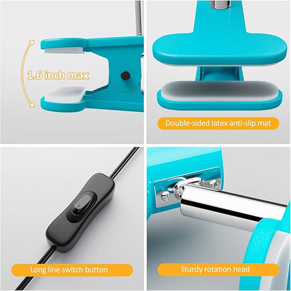 LED Clip lamp,5W Super Bright Desk Light, 330° Rotation Small Lamp with Clamp on Desk/Table/Bed Headboard/Cupboard Home Lighting, Modern and Save Space Illumination Powerful Lamp Blue