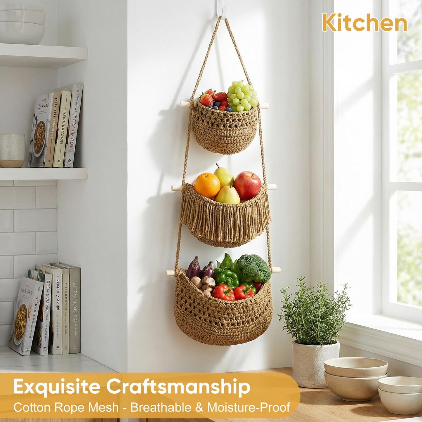 GLDFI Boho Style Handwoven Rope Hanging Basket - 3-Tier Detachable Storage Organizer for Kitchen/Bathroom/Entryway, 3 Included Heavy-Duty Hooks, 7 Color Options Available (Brown)