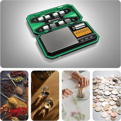 UNIWEIGH Digital Pocket Scale Precision 200g/0.01g, Digital Scale Grams Ounces, Mini Jewelry Scale, Coins Scale with 50g Cal Weights for Gold/Silver/Gems/Food,(Battery Included)-Green