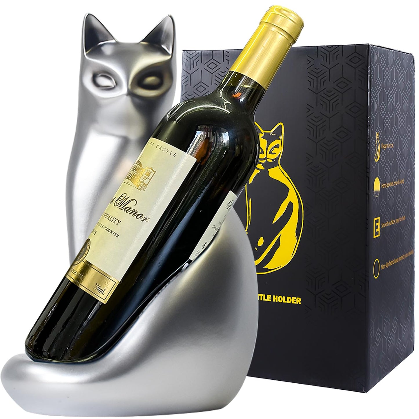 MAIHOM Tabletop Wine Rack Elegant Cat Shaped, Cat Decor Resin Wine Bottle Holder, Decorative Wine Storage for Home Bar, with Packaging for Cat Lovers Women, Silver