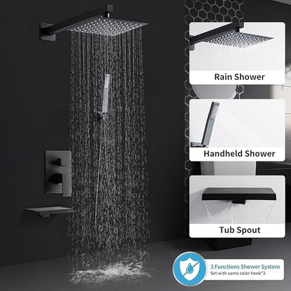 Matte Black Shower Faucet Set with Tub Spout 10 Inch, Shower Head and Handle with 2 Hooks, Tub and Shower Faucet Combo, Rain Shower and Handheld Shower System Square Wall Mount for Bathroom