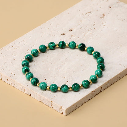 QOGIR Malachite - Transformation - 14K Gold Plated Beads Natural Gemstone Stretch Elastic Dainty Healing Beaded Bracelets Gifts 6mm
