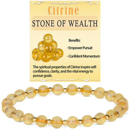 QOGIR Citrine - Stone of Wealth - 14K Gold Plated Beads Natural Gemstone Stretch Elastic Dainty Healing Beaded Bracelets Gifts 6mm