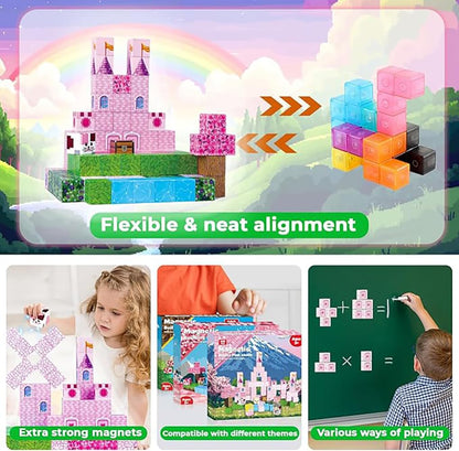 DOFASNCN Pink Magnetic Building Blocks Magnetic Building Tiles Toys for Boys Girls Age 3+，Creative Plastic Magnet Square Gift for Kids Pink Castle 100PCS