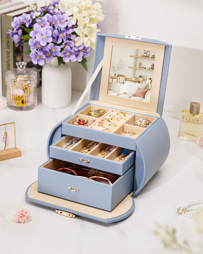 Homde Girls Jewelry Box Jewelry Storage Case Organizer Faux Leather with Mirror for Rings, Earrings, Bracelets, Necklaces (Grey Blue) - Gifts for Mother's Day