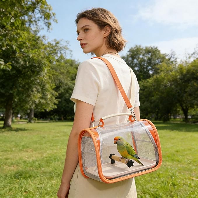 Portable Bird Travel Carrier Breathable Mesh Backpack with Perch Tray Clear View Lightweight Foldable Carrier for Small Parrots Parakeets Lovebirds (Grey)