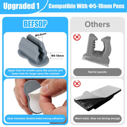 BEFSOP 2025 New Pen Holder, 6 Pack Upgraded Adhesive Pencil Holders for Wall & Desk, Marker Holder, Pen Holder for Clipboard, Teacher Supplies for Classroom kids Desk Accessories Clips Holder