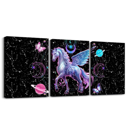 Feelyou Galaxy Unicorn 3 Piece Canvas Wall Art for Living Room Bedroom Solar System Wall Art for Home Decor Moon Star Office Wall Decor Space Outer Sky Wall Painting