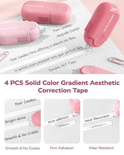 Four Candies Pink College Supplies and Nursing Essentials with Organizer, Gel Pens with Black Ink,Correction Tapes,Pastel Highlighters, Mechanical Pencils, Sticky Notes, Index Post