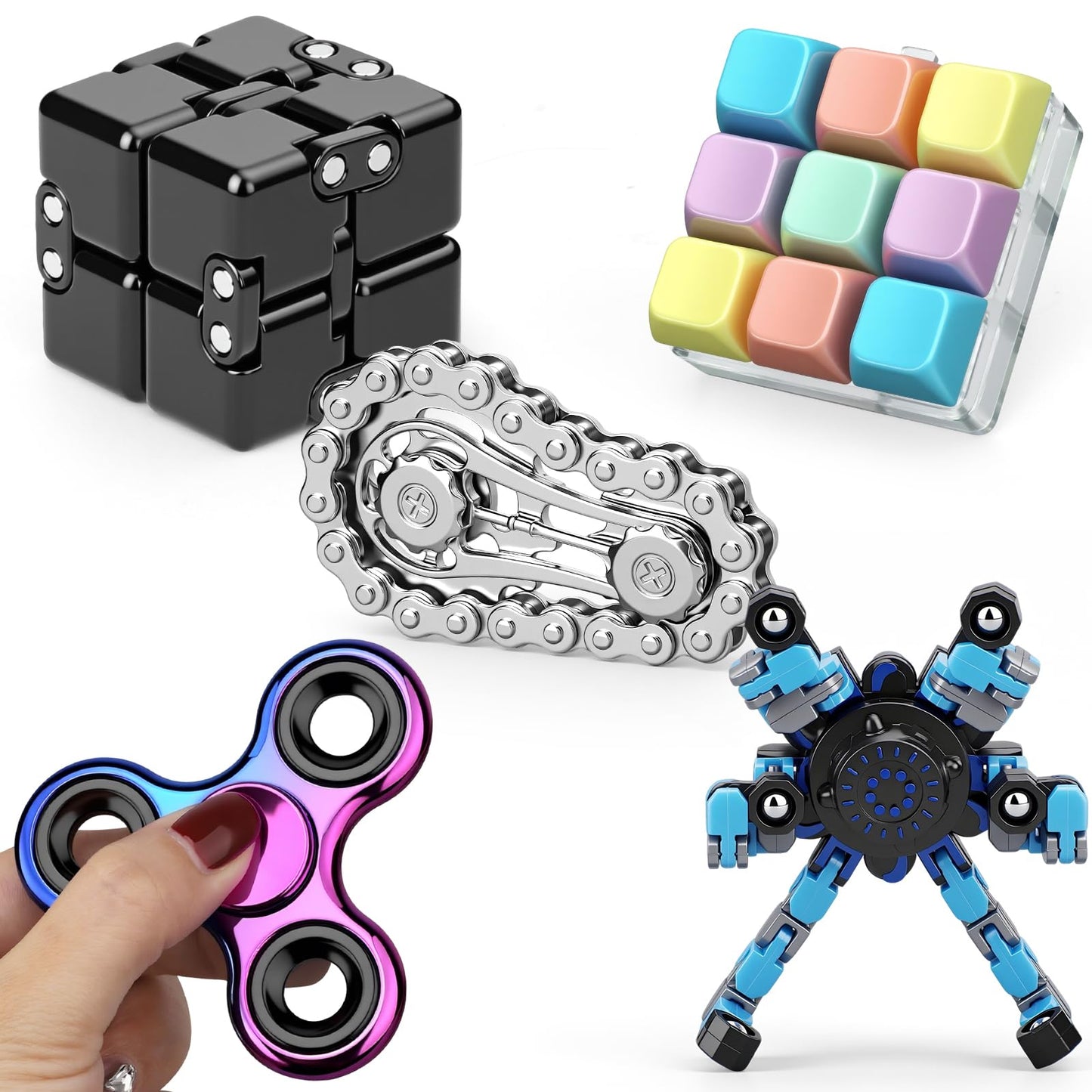 Fidget Toys Set for Adults, Sensory Pack with Fidget Spinner, Robot Spinner, Keyboard Clicker Toy, Fidget Pad, Stress Relief Desk Gadget for Office Classroom, for Boy Friend