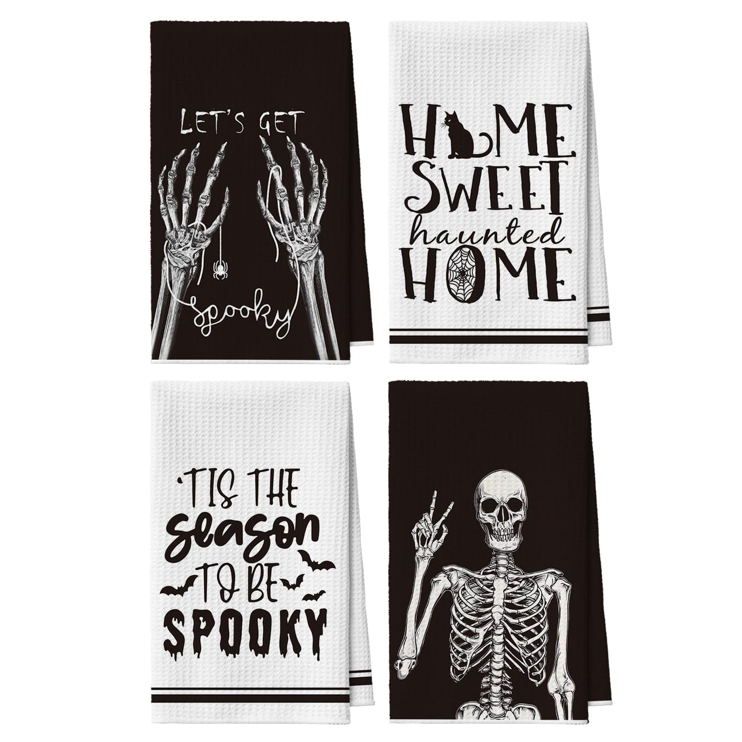 Artoid Mode Skeleton Hand Spooky Halloween Kitchen Dish Towels, 18x26 Inch Quick Dry Microfiber Hand Towels for Kitchen Drying Set of 4