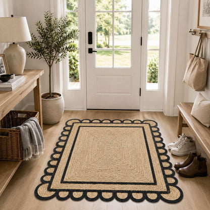 Scalloped Natural Jute Area Rug 3x5 Ft, Boho Rug with Black Trim & Non Slip Backing for Entryway, Living Room