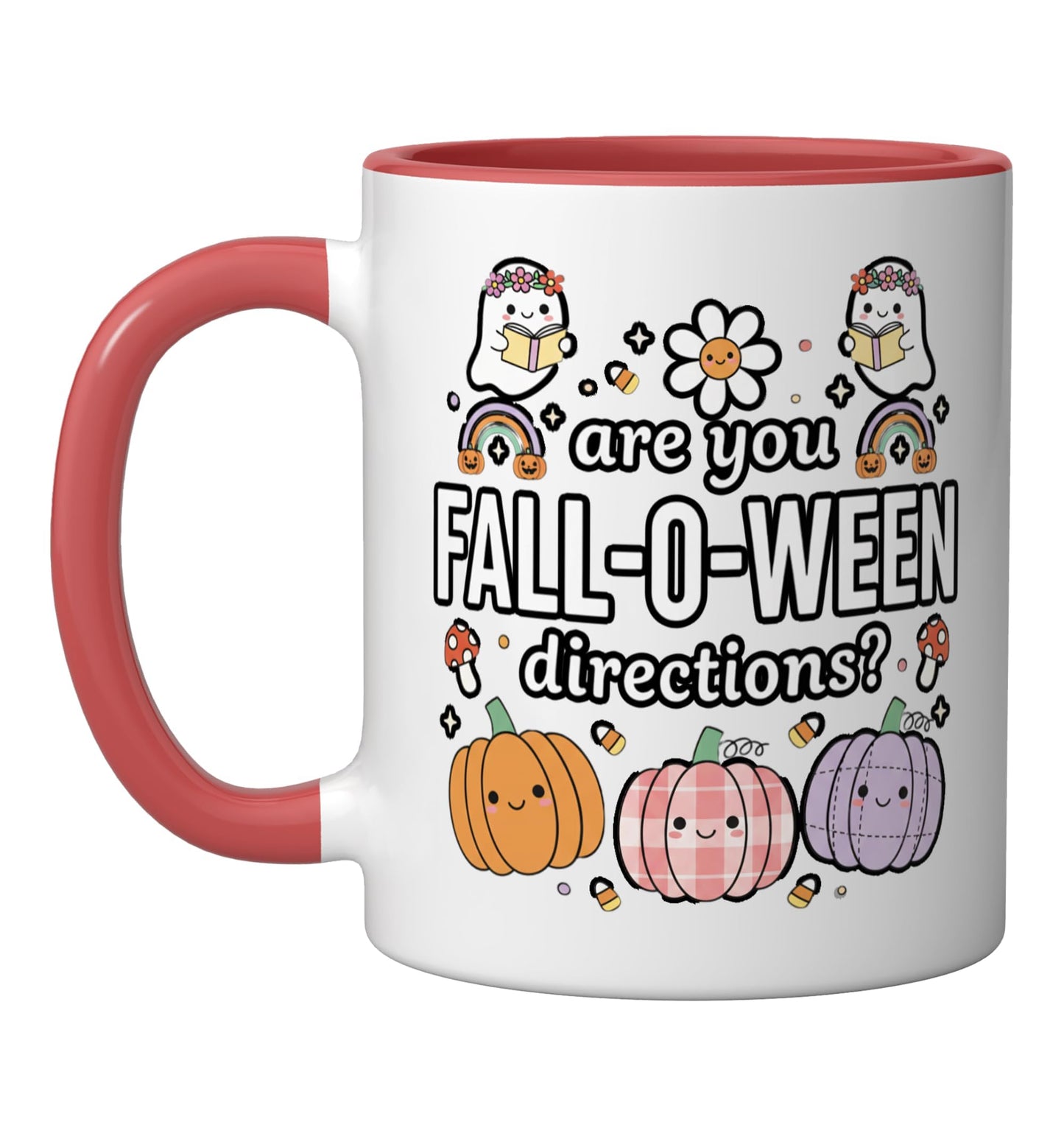 Halloween Fall-O- Cute Pumpkin Ghosts Kawaii Autumn Ceramic Mug, Red/White