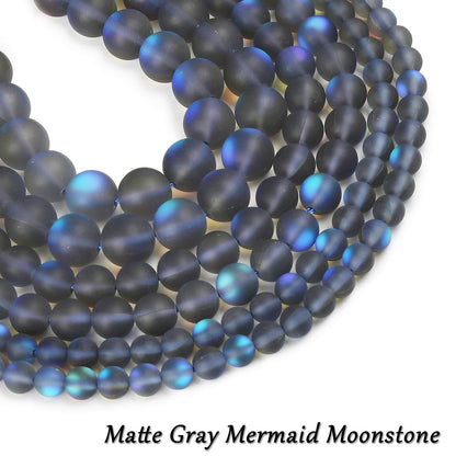 Matte Gray Aurora Crystal Glass Beads, 6MM Frosted Glitter Shining Mermaid Round Loose Beads, Rainbow Holographic Synthetic Moonstone for Jewelry Making DIY Bracelet