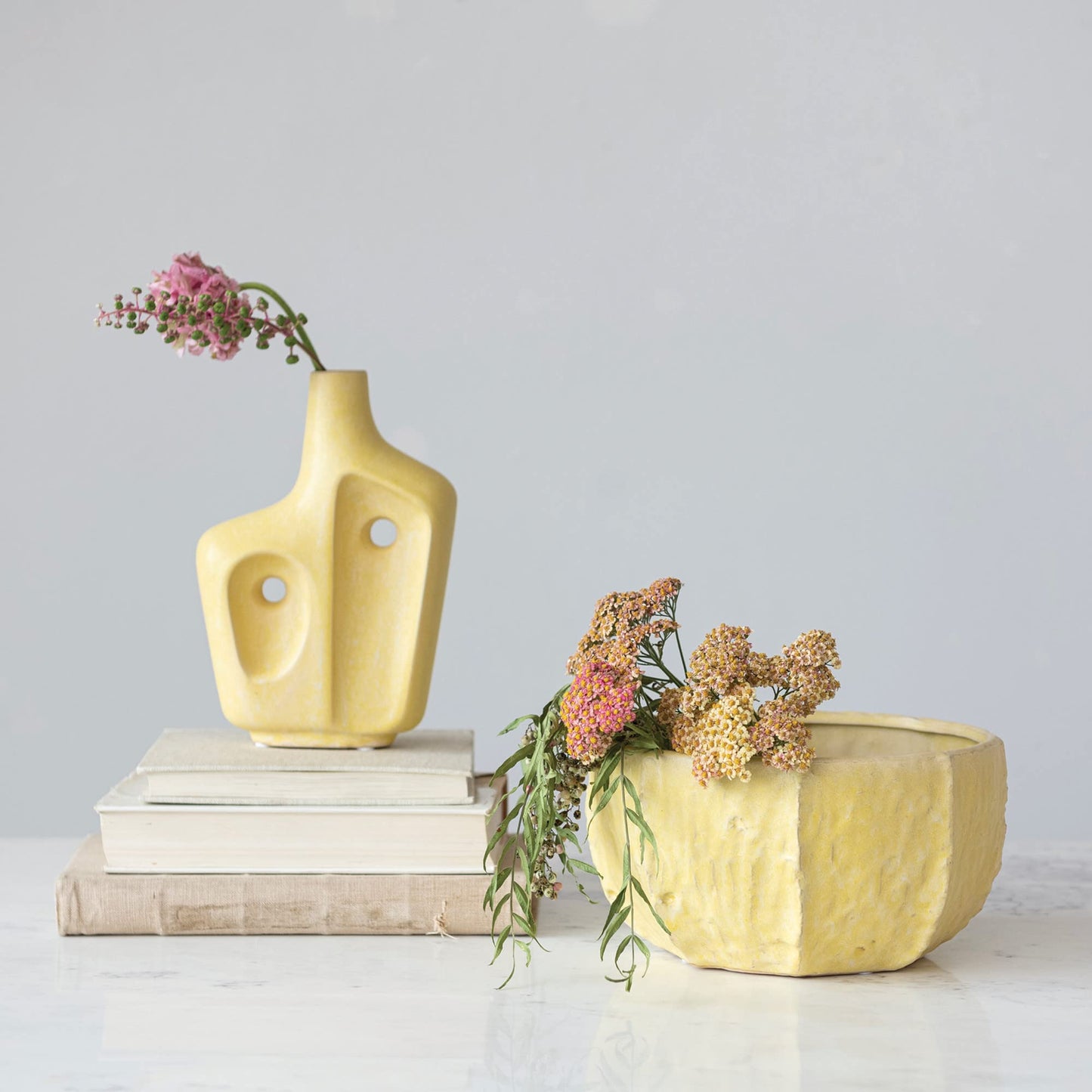 Creative Co-Op Stoneware Planter with Organically Shaped Detail, Yellow