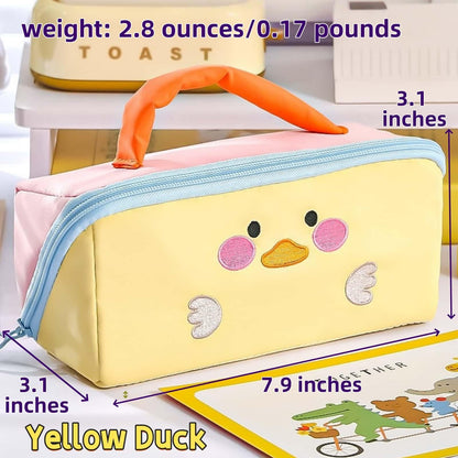 VTYFRY Cute Kawaii Pencil Case Pouch with Handle Cartoon Animal Large Capacity Pen Box Holder Organizer for Office Workspace Supplies Desk Accessories Travel Essentials Trendy Gift (Yellow Duck)