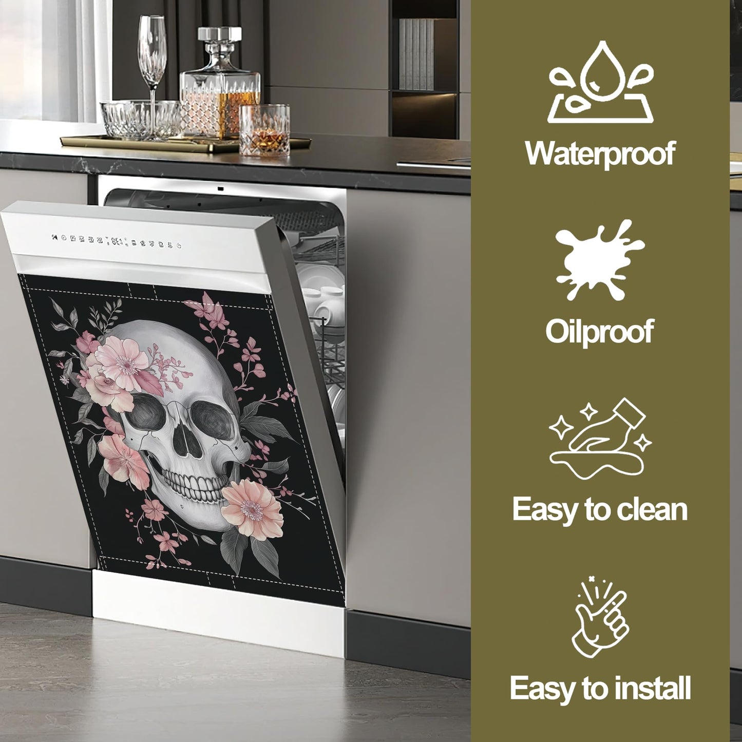 Skull Dishwasher Magnets Decorative Cover,Flowers Magnet Fridge Panel Decal for Home Kitchen Decor,23x26 in
