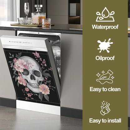Skull Dishwasher Magnets Decorative Cover,Flowers Magnet Fridge Panel Decal for Home Kitchen Decor,23x26 in