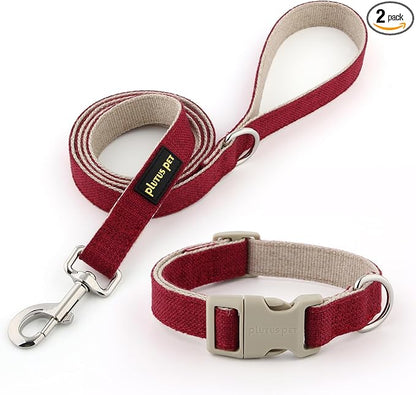 Plutus Pet Cotton Hemp Dog Collar and Leash Set, Adjustable Collar for Small, Medium, and Large Dogs, Heavy Duty and Soft on Skin, Red, XS