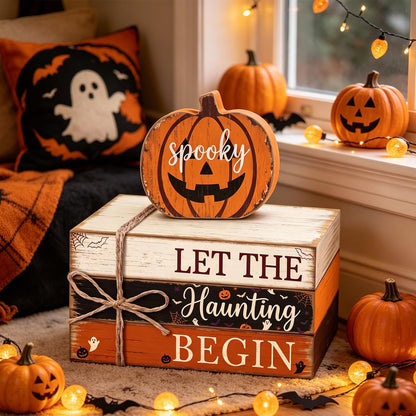 4 Pcs Halloween Tiered Tray Decor Farmhouse Wooden Book Stack with Gnome Spooky Halloween Tabletop Signs Fall Rustic Tiered Tray Decorations for Home Office Shelf Coffee Bar