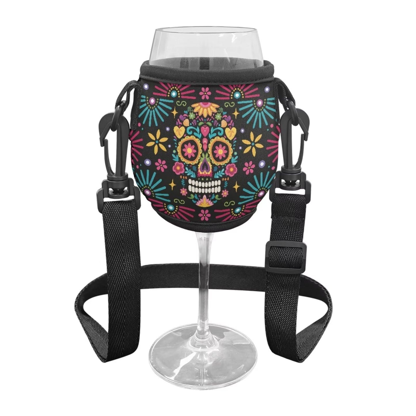 WHOSGNIHT Skull Flower Print Wine Glass Sleeve Large Neoprene Stemless Wine Glass Insulator Lanyard Hand Free Drink Holder with Neck Strap for Cocktail Festival