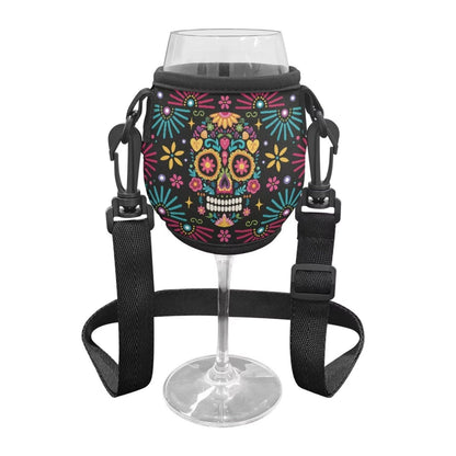 WHOSGNIHT Skull Flower Print Wine Glass Sleeve Large Neoprene Stemless Wine Glass Insulator Lanyard Hand Free Drink Holder with Neck Strap for Cocktail Festival