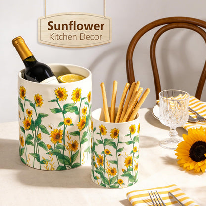 Sunflower Utensil Holder, 7.1"+5.4" Ceramic Utensil Holder for Kitchen Counter, Cooking Utensil Crocks for Countertop, Utensil Storage Container Organizer for Spoon, Sunflower Farmhouse Kitchen Decor