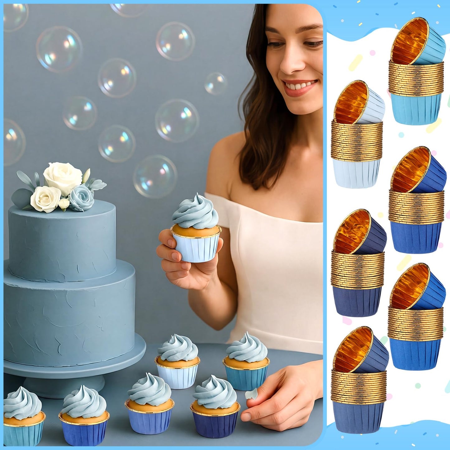 Geiserailie 100 Pcs Dusty Blue Cupcake Liners Blue Cupcake Foil Wrappers Snack Bowls for Parties Wedding Bridal Shower Birthday Supplies