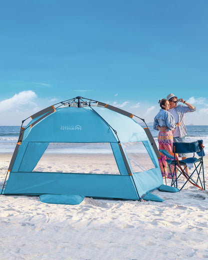 OutdoorMaster Pop Up Beach Tent for 4 Person - Easy Setup and Portable Beach Shade Sun Shelter Canopy with UPF 50+ UV Protection Removable Skylight Family Size - Ocracoke Coast