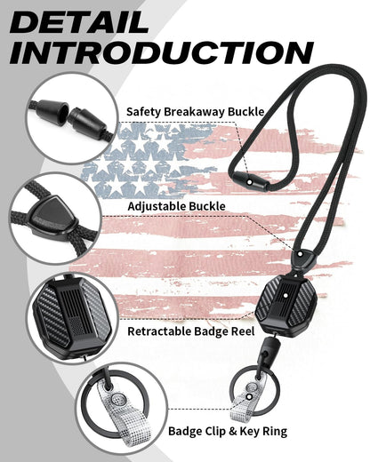 LIUGX Carbon Fiber Badge Holder with Retractable Breakaway Lanyard, American Flag, Badge Reel with Heavy Duty ID Card Holder (Holds 6 Cards) with 20" Retractable Cord, Keychain, 4.2 oz, Black