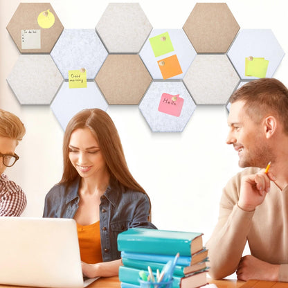 Mindsoft 16 Pcs Hexagon Cork Board for Walls with 50 Wooden Push Pins 12x10 in Felt DIY Tiles Notice with Nano Tape Hanging Bulletin Board for Home Photo Office Memo Note(Retro)